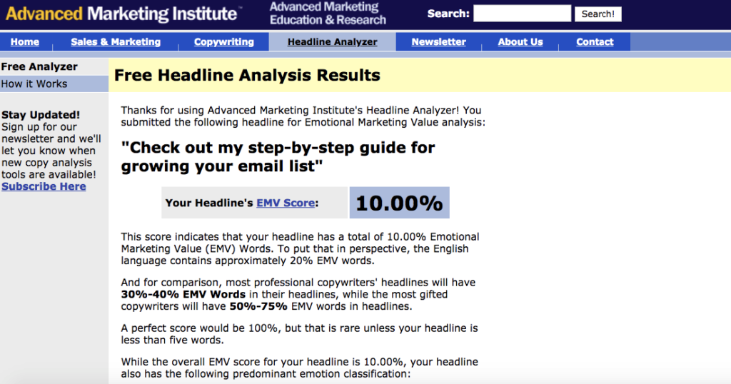 Headline analyzer results showing only a 10 percent Emotional Marketing Value score for a subject line using the power word step-by-step