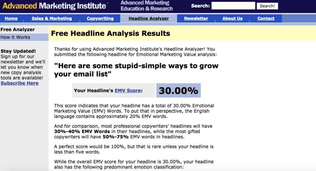 Headline analyzer results showing a decent EVM score for a subject line using the power words stupid-simple to convey ease