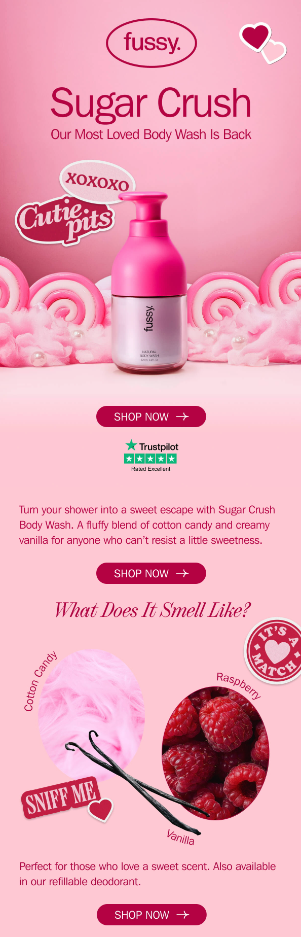 Fussy back-in-stock email newsletter example with a bold Valentine's Day theme for their Sugar Crush deodorant
