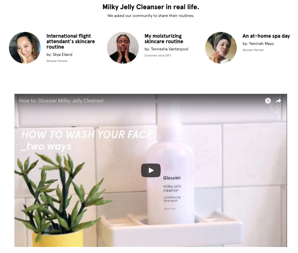 Glossier product page community content section showing real customers and partners explaining how they use the product in daily life