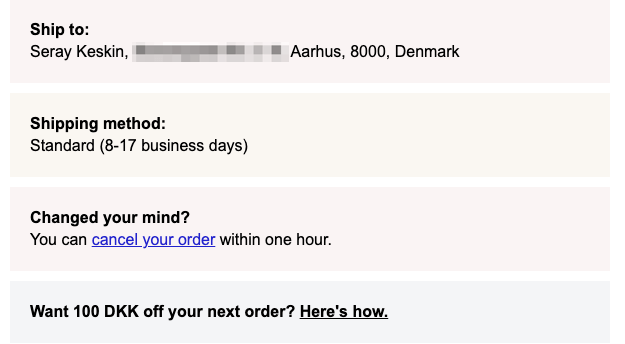 Glossier order confirmation email referral program section using a curiosity-driven save money CTA instead of mentioning the referral program directly