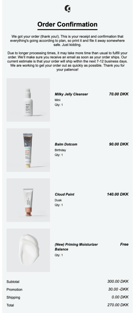 Glossier order confirmation email example with lighthearted copy, large product images, and clear processing time expectations