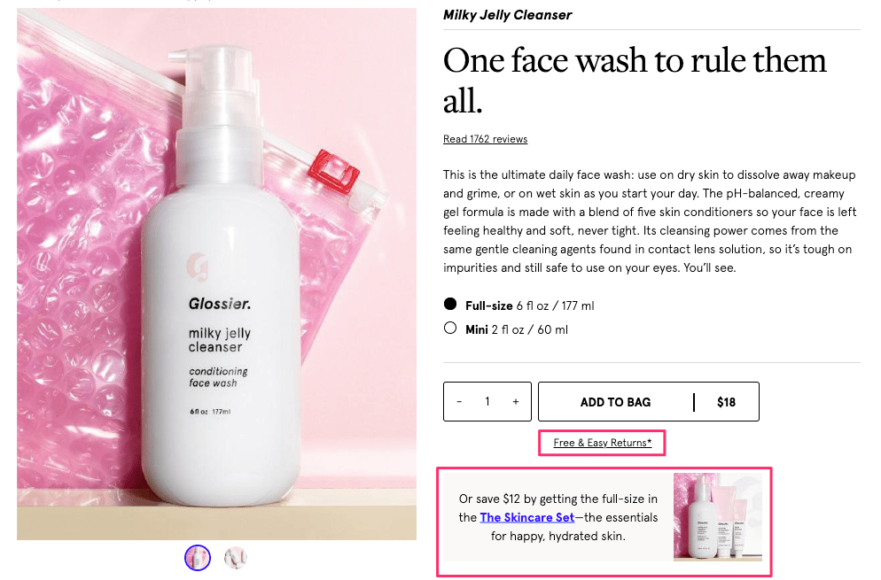 Glossier product page example upselling a bundle that saves the customer 12 dollars alongside a free and easy returns guarantee