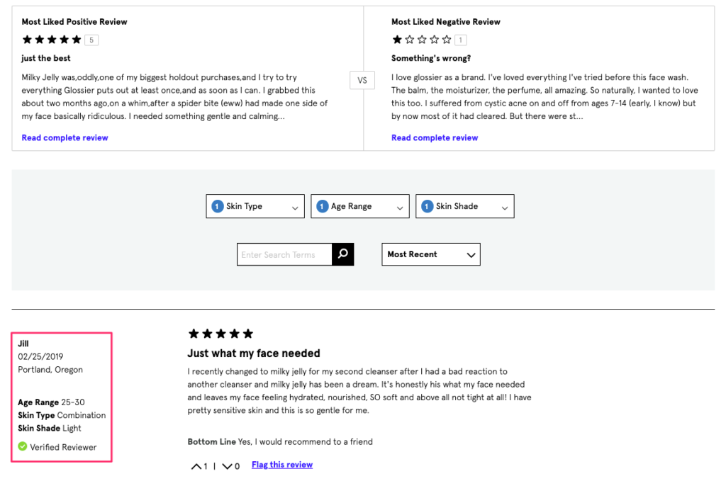 Glossier product page reviews section with filters for skin type, age range, and skin shade to make testimonials more relevant