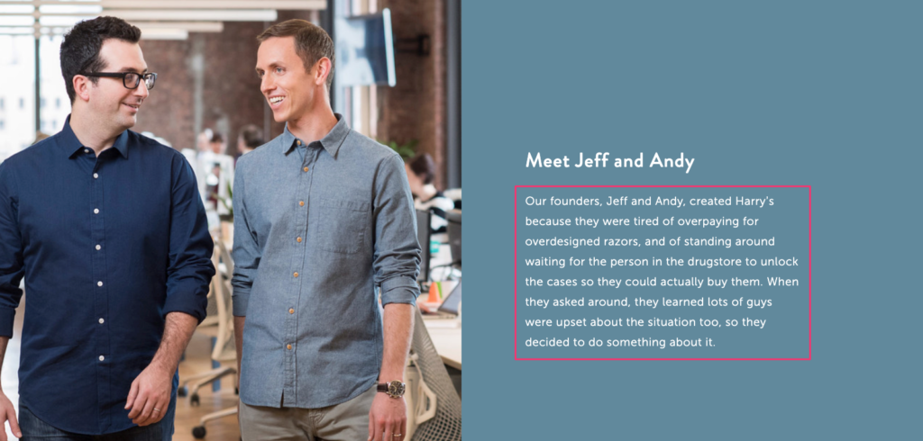 Harry's about page copywriting example addressing the pain point of overpriced razors to build brand affinity and shared values with buyers