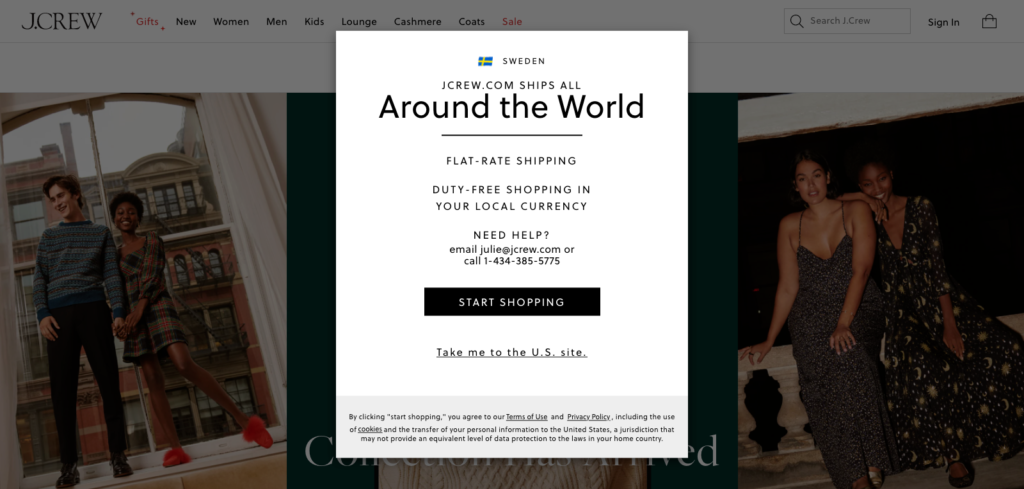 J. Crew geolocation popup with two CTAs: Continue Shopping on the local site or Take Me to The U.S. Site