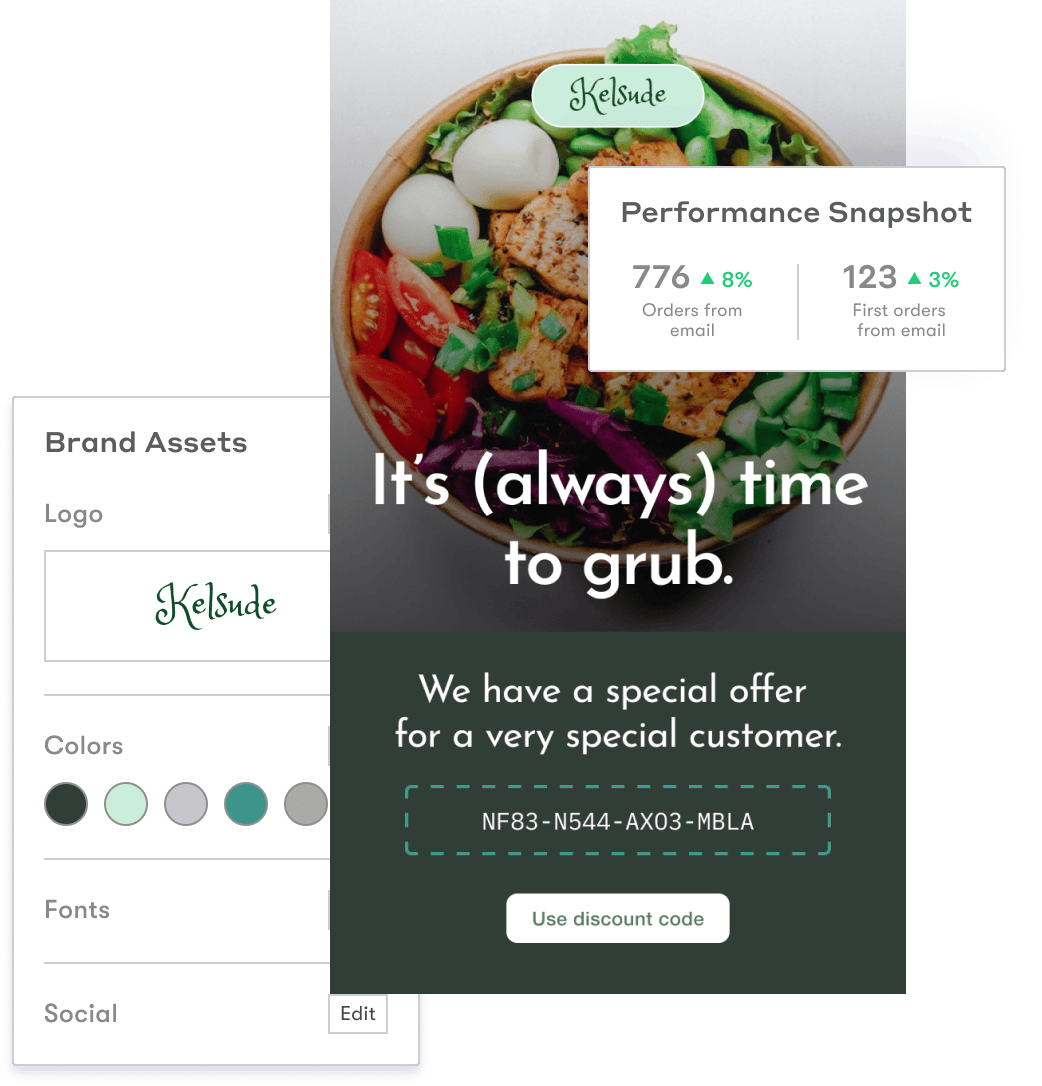 Illustration of an special offer email overlaying brand assets and performance snapshot windows.