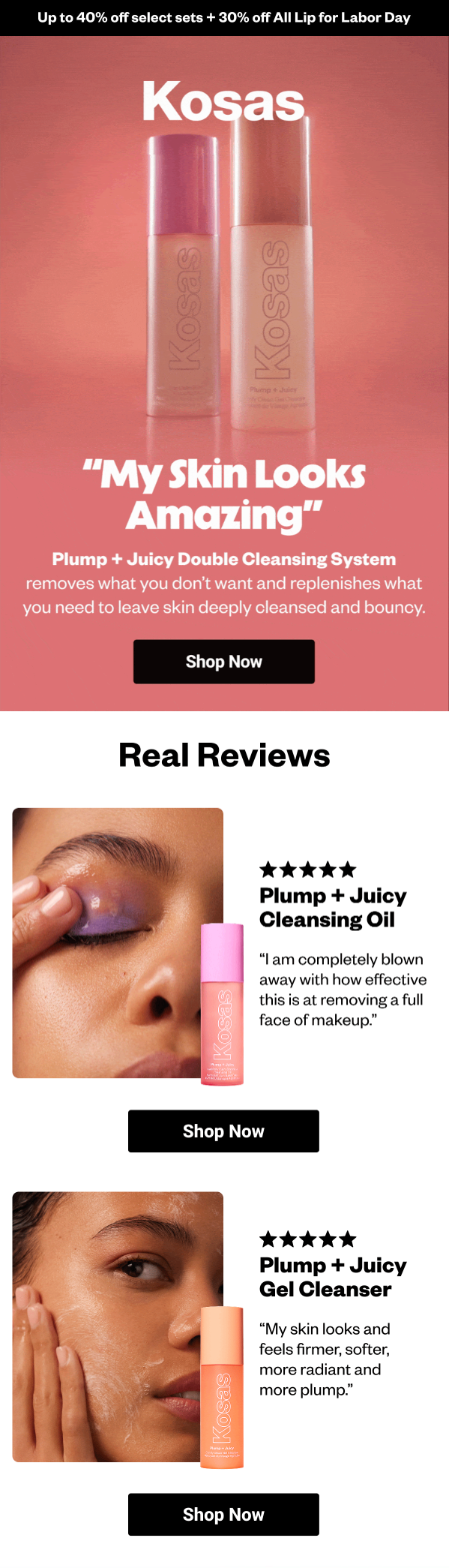 Kosas testimonial email newsletter example leading with a bold customer quote and product-specific reviews