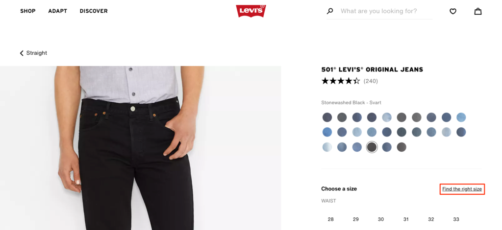 Levi's product page with a Find the Right Size CTA link to help reduce returns from incorrect sizing