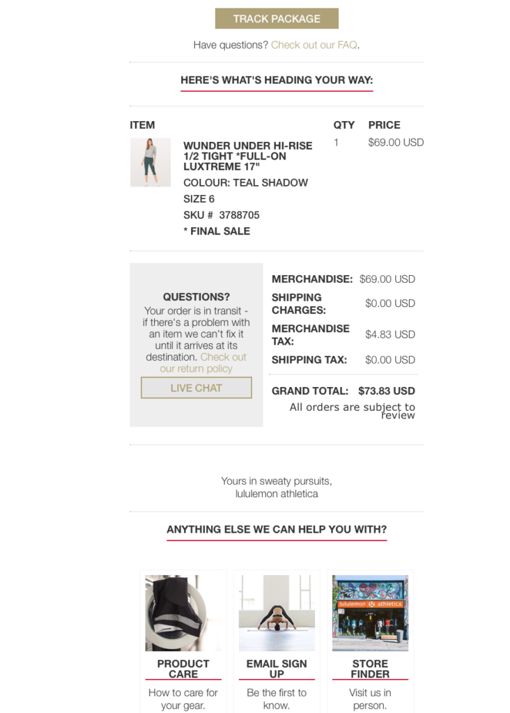 Lululemon Confirmation Email 2