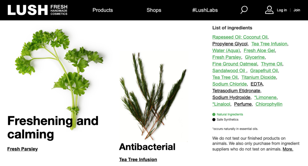 Lush product page example showing a detailed ingredient list that educates visitors about natural product contents