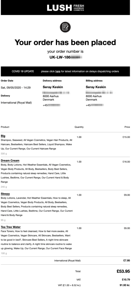 Lush order confirmation email example with a Covid update, delivery details, billing address, and a product summary with ingredient keywords