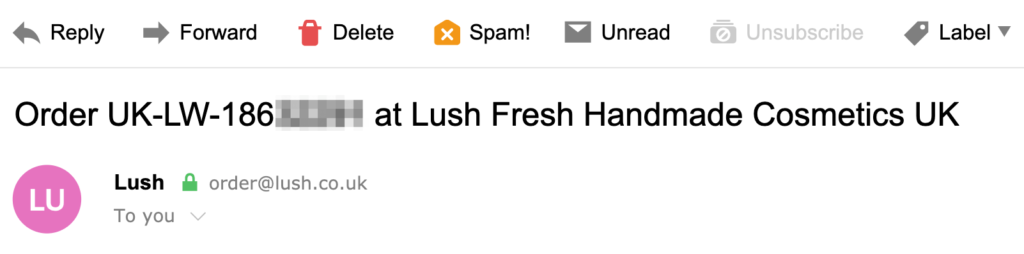 Lush order confirmation email subject line example including the order number for easy reference when contacting customer support