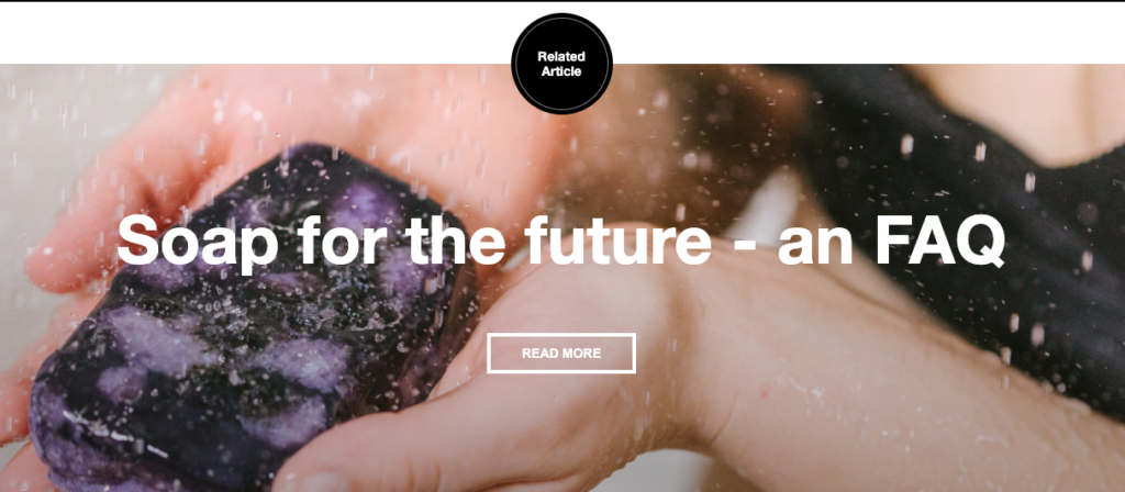 Lush product page example linking to a related blog article that explains a product formula change to build transparency