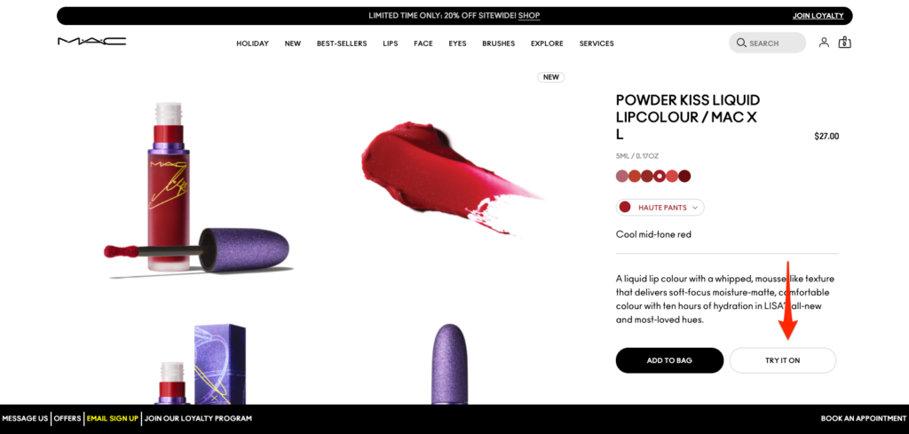 MAC Cosmetics product page with a virtual Try It On call to action button for augmented reality makeup preview