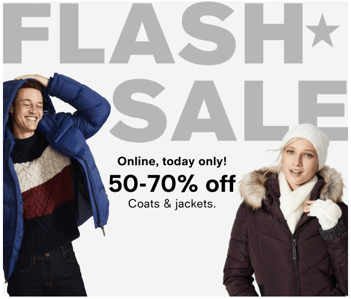 Macy's day two flash sale email example switching the discount to coats and jackets to build anticipation for the next category each day