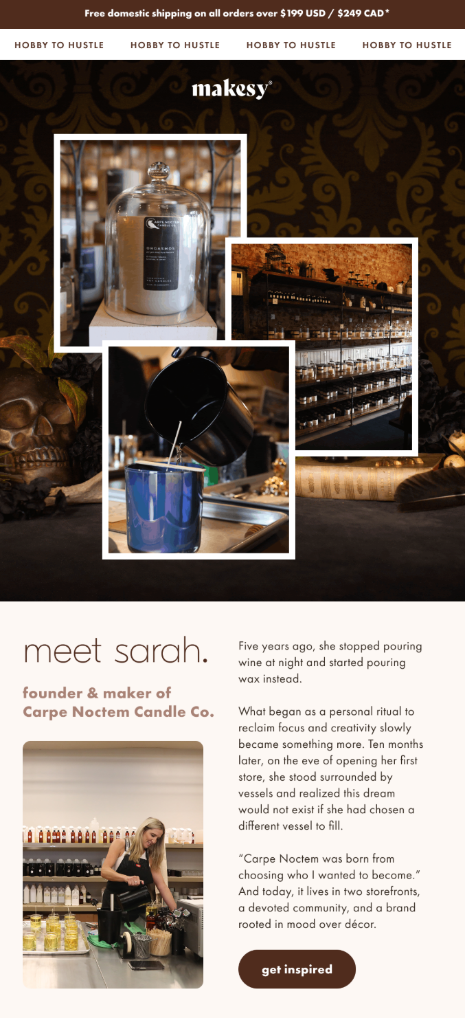 Makesy customer success story email newsletter example featuring the founder of Carpe Noctem Candle Co.