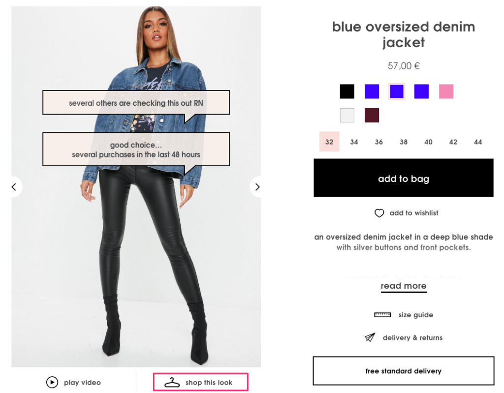 Missguided product page example combining social proof and scarcity with a label saying several others are checking this out right now