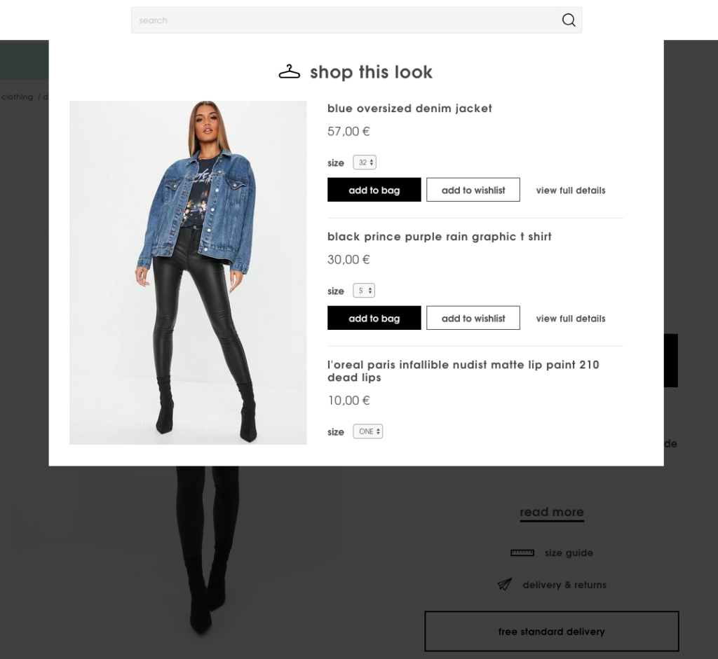 Missguided product page shop this look cross-sell feature letting visitors add the model's full outfit to cart without leaving the page