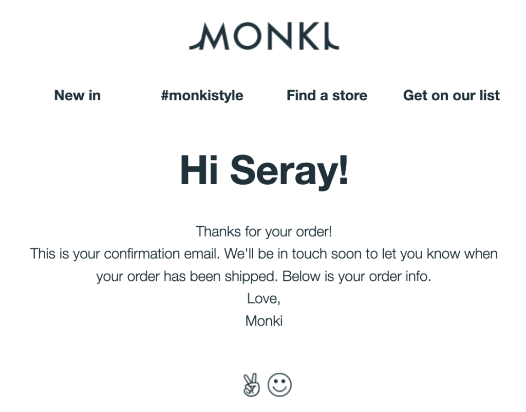 Monki order confirmation email header with links to new arrivals, user-generated customer photos, store locator, and newsletter signup