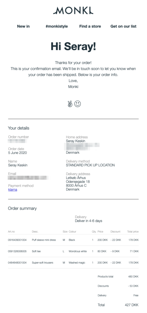 Monki order confirmation email example with a simple layout showing order details, product sizes, quantities, and discount amounts saved