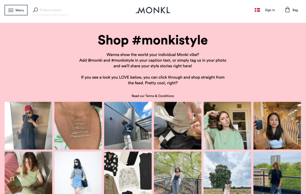 Monki #monkistyle landing page linked from the order confirmation email displaying customer Instagram photos as social proof