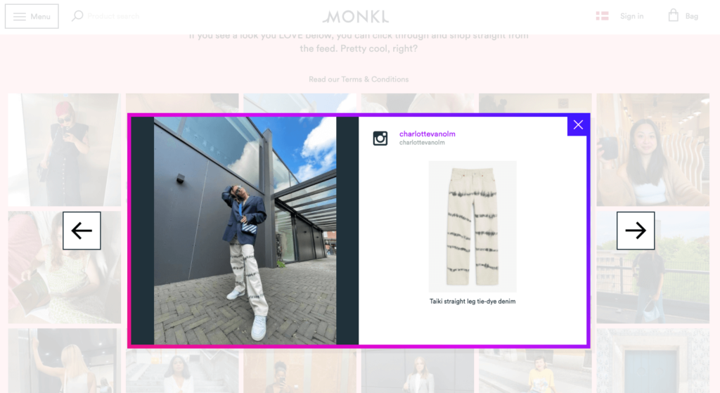 Monki user-generated content modal showing a customer Instagram photo with a direct link to buy the featured product