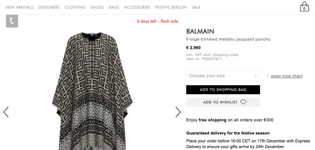 Mytheresa product page with a prominent Add to Shopping Bag call to action button on an ecommerce listing
