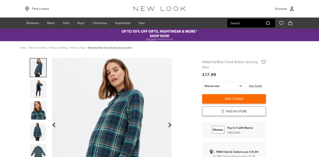 New Look product page with a Find in Store call to action supporting an omnichannel shopping experience