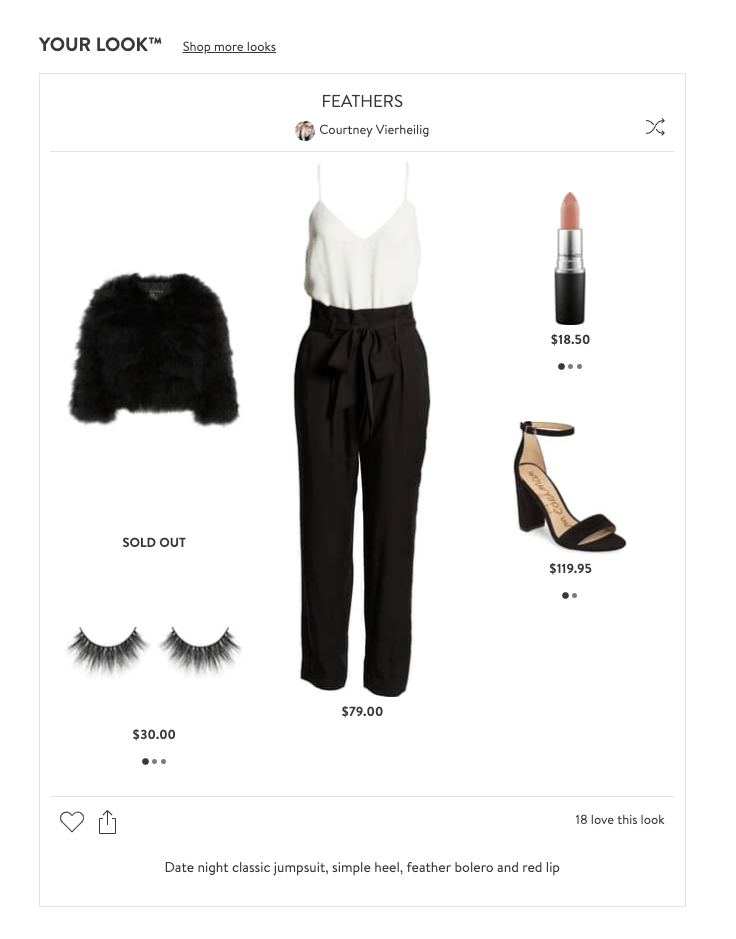 Nordstrom product page Looks section with a shuffle button that cross-sells by styling the product with different items from the store