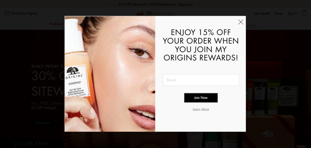 Origins loyalty program signup popup offering 15 percent off with a Join Now call to action button