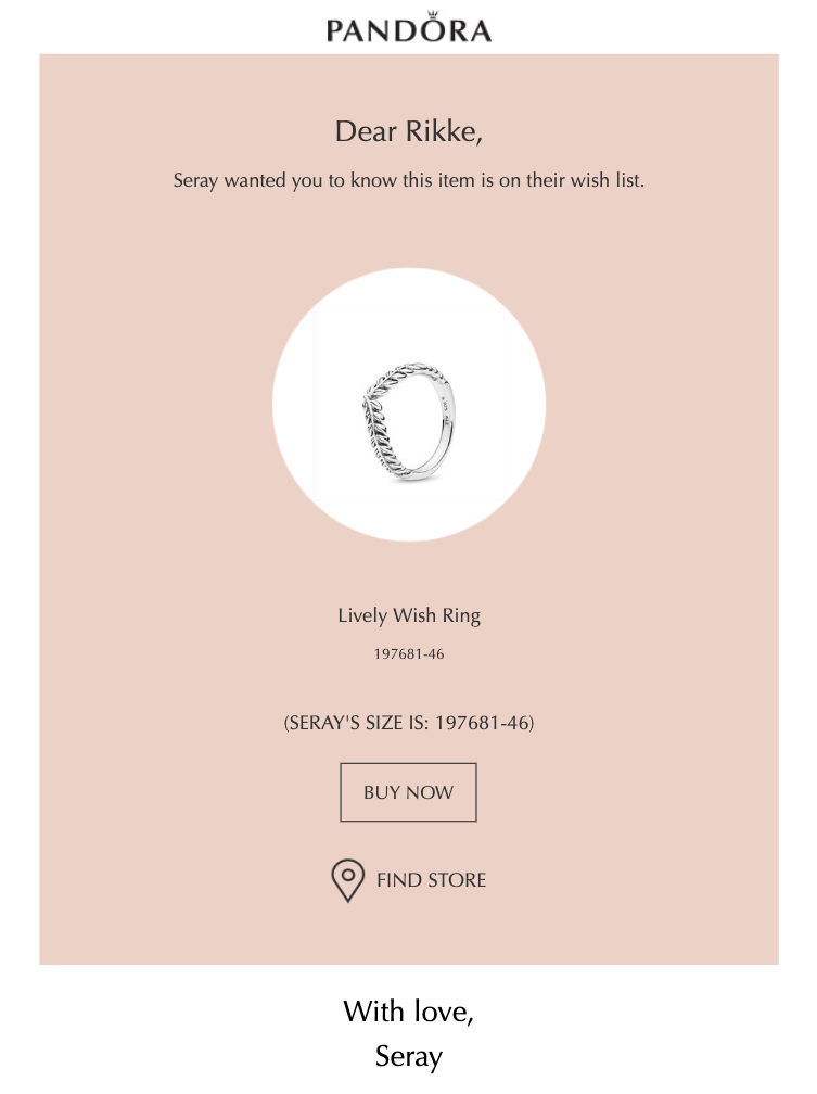 Pandora hint email received by the gift recipient with a product image and link to the item the sender is wishing for