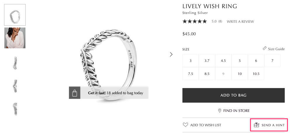 Pandora product page example with star ratings, a size guide, persuasion triggers, and a Send a Hint button for gift shopping