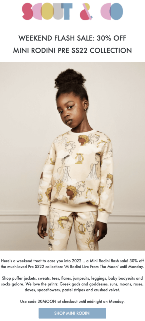 Scout and Co flash sale email example focused on a single brand Mini Rodini to target a specific niche audience with a compelling offer