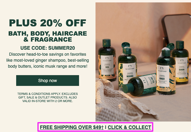 The Body Shop email showing a text link call to action example with underlined clickable copy