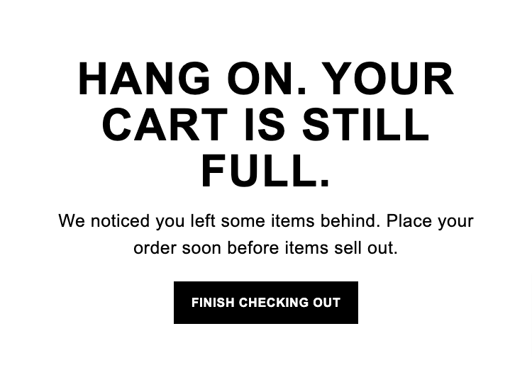 The North Face abandoned cart email with a Finish Checking Out CTA button and scarcity messaging about items selling out