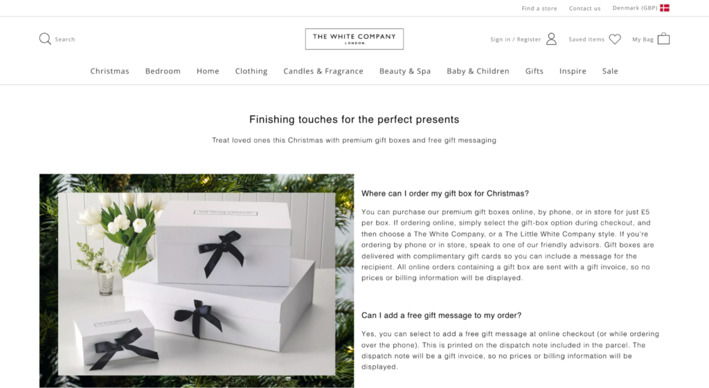 The White Company gift box landing page that visitors reach after clicking the Find Out More email call to action