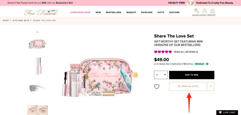 Too Faced product page with a Send as a Gift call to action button for shoppers buying for others