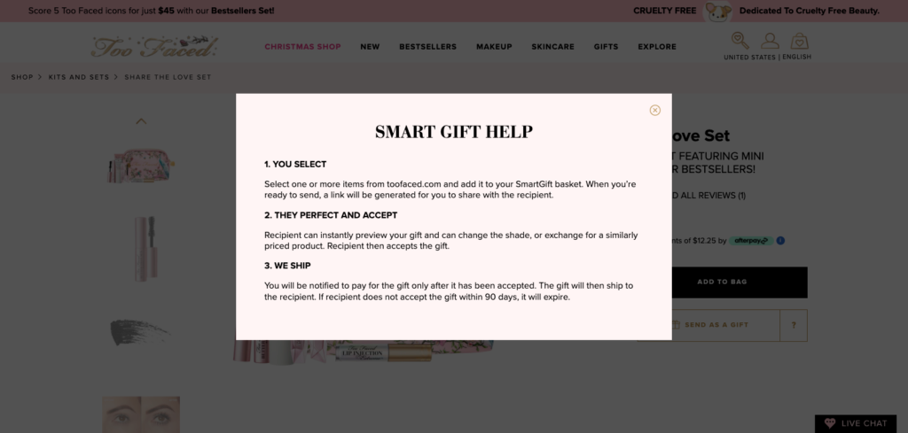 Too Faced smart gift help tooltip triggered by a question mark micro call to action on the gift form