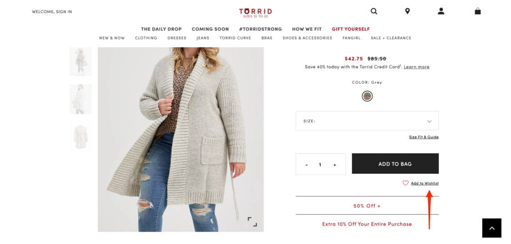 Torrid product page showing a heart icon Add to Wishlist CTA alongside the main Add to Bag button