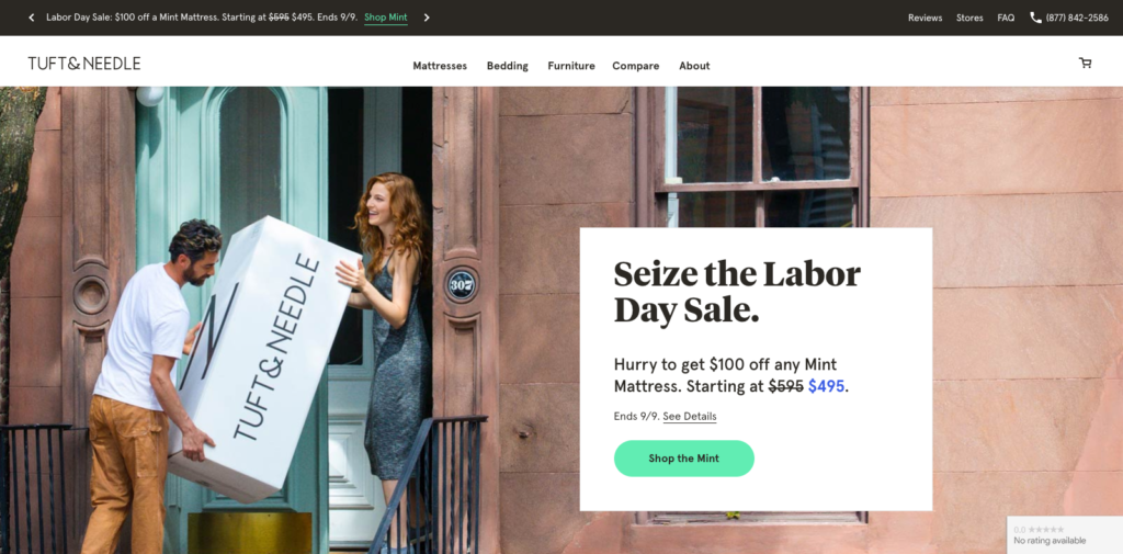 Tuft and Needle homepage copywriting example with clean minimalist messaging in the competitive direct-to-consumer mattress market