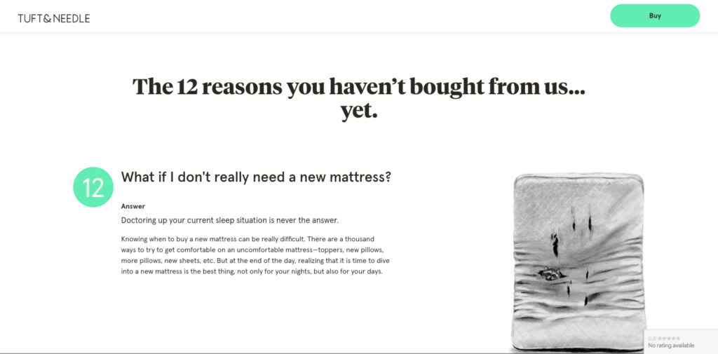 Tuft and Needle landing page copywriting example titled 12 Reasons You Haven't Bought from Us Yet to overcome buyer objections