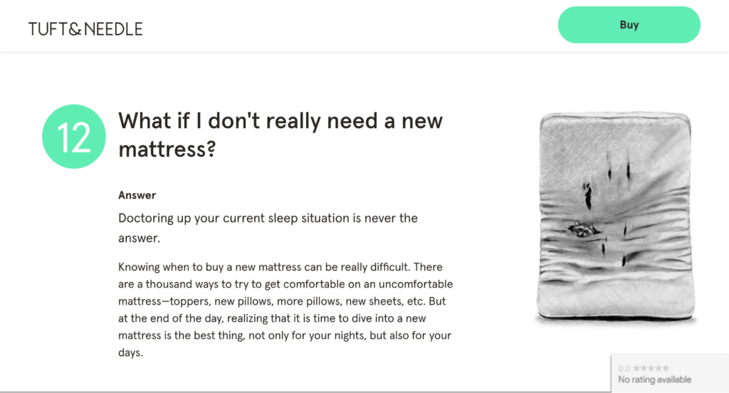 Tuft and Needle objection-handling copywriting example presenting common buyer skepticism as a question on a dedicated landing page