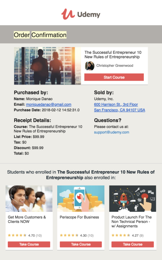 Udemy Order Confirmation
