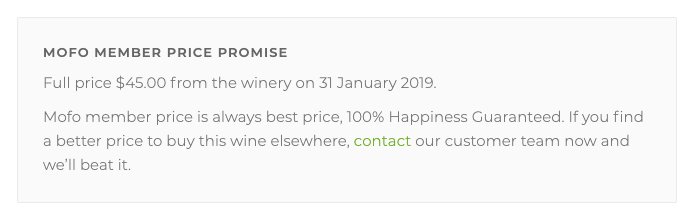 Vinomofo product page unbeatable price promise guarantee badge that eliminates pricing concerns for visitors