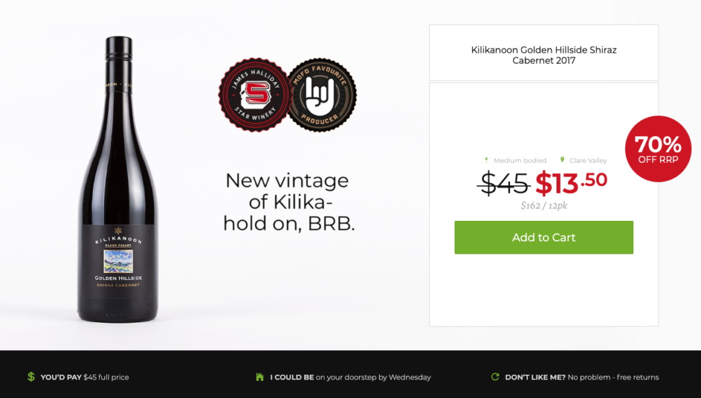 Vinomofo product page example contrasting the discounted price with the full retail price and showing the estimated delivery date