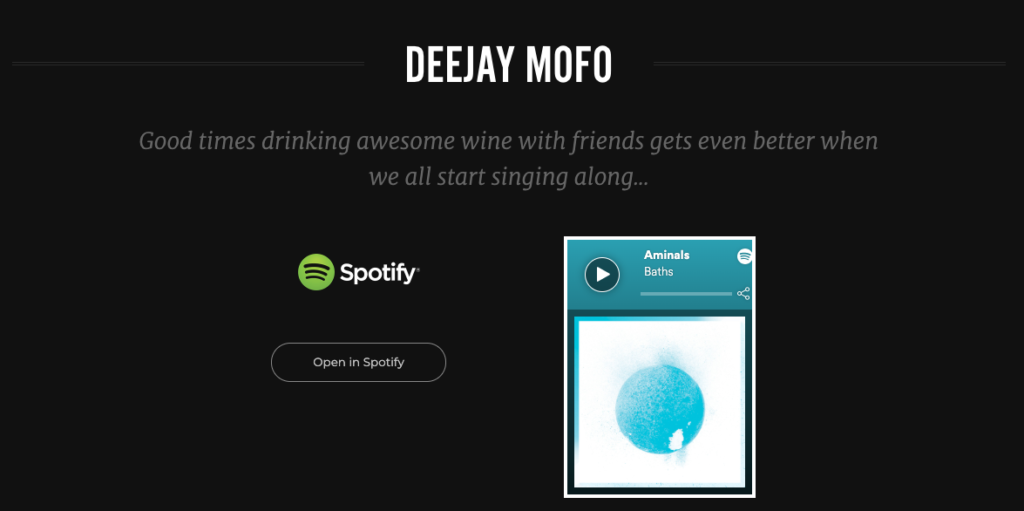 Vinomofo product page Spotify song recommendation paired with the wine to enhance the customer experience beyond the product itself