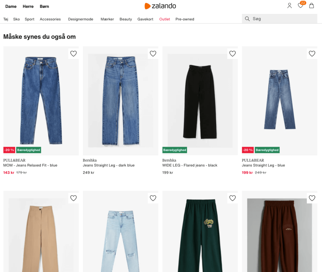 Zalando Complete Your Look landing page showing pants recommended to match a purchased t-shirt as a cross-sell from the order confirmation email