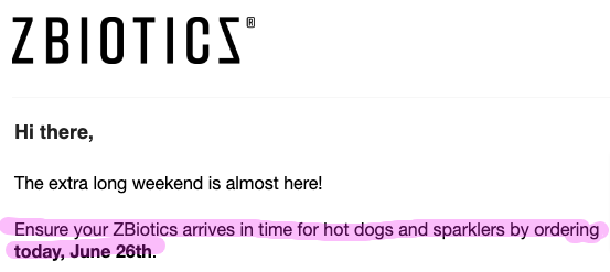 ZBiotics email with a plain text call to action segment and no clickable link